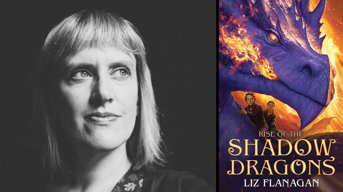 Liz Flanagan and the front cover of Rise of the Shadow Dragons