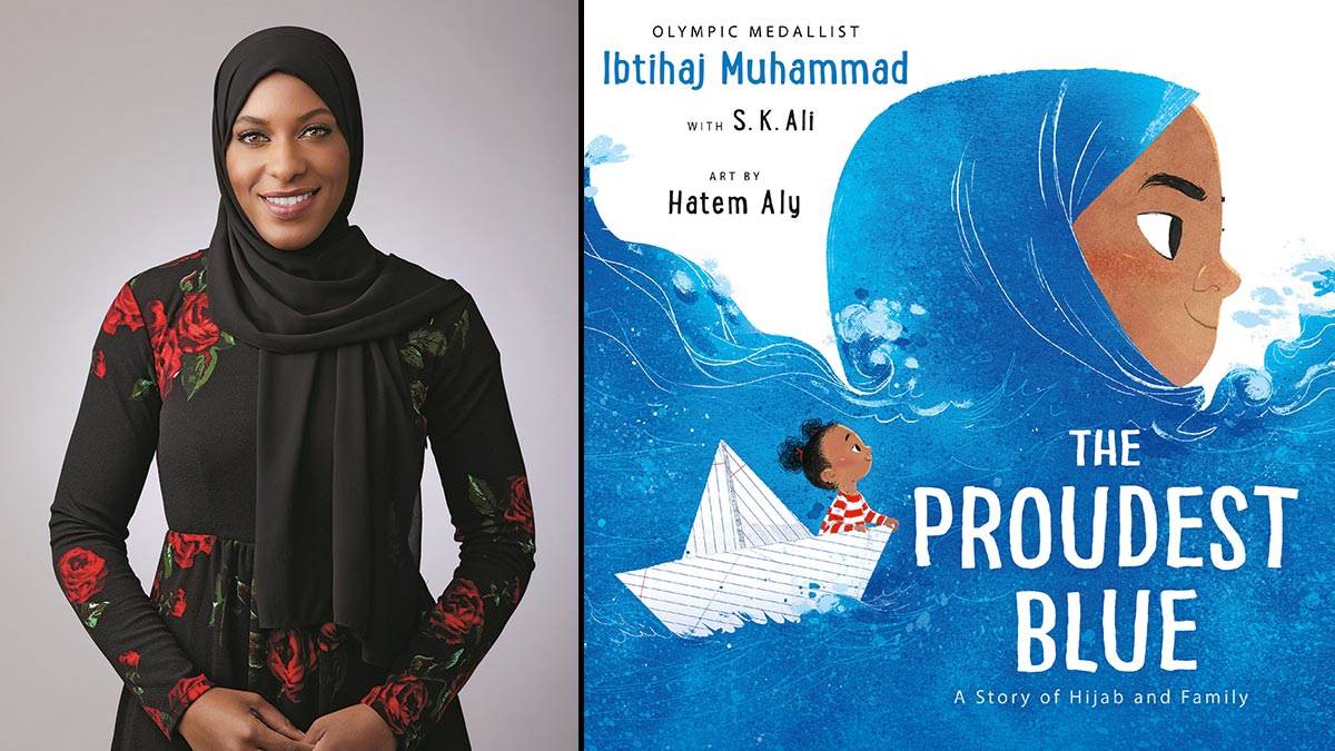Ibtihaj Muhammad and the front cover of The Proudest Blue