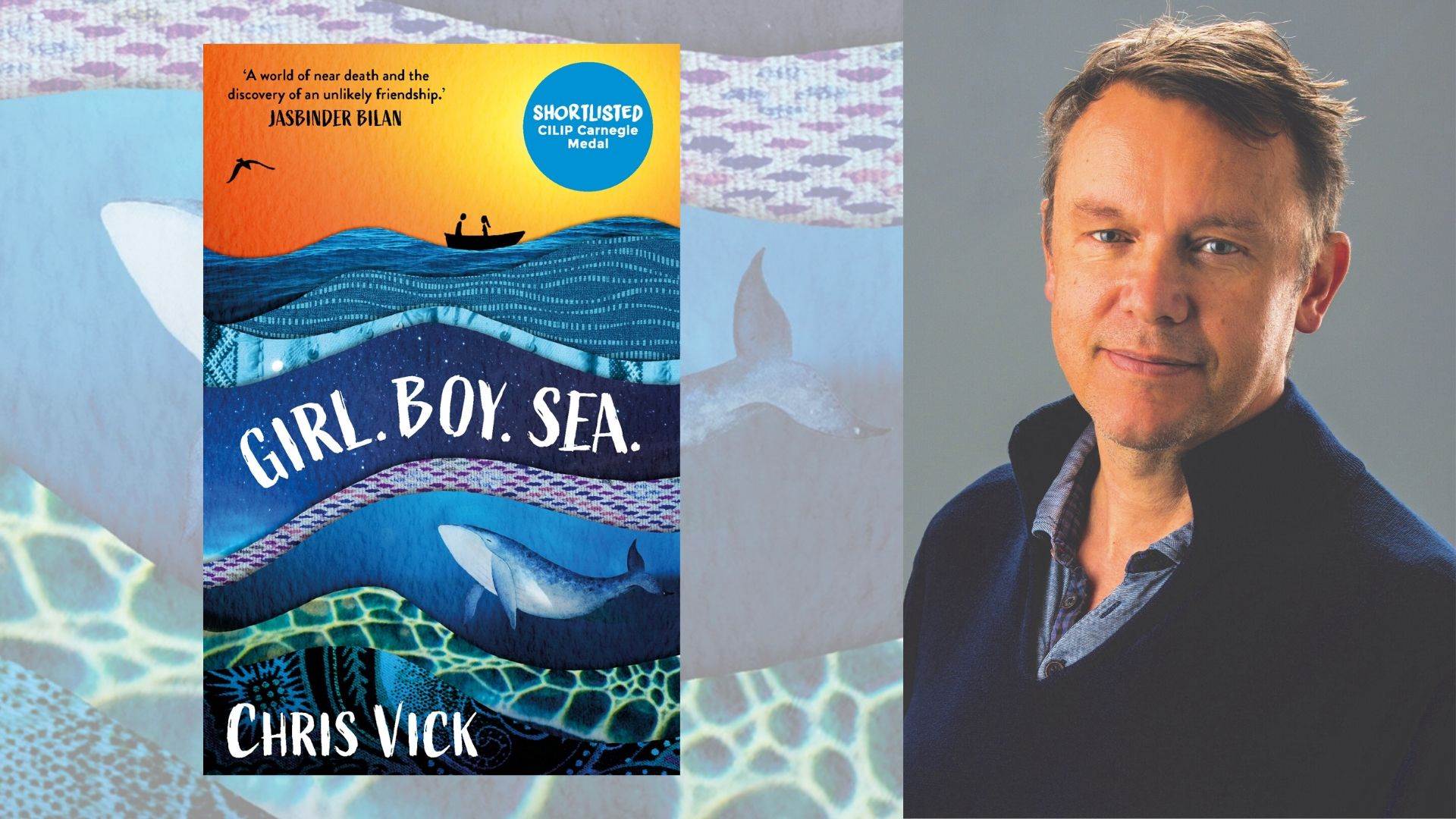 Author Chris Vick and the cover of Girl. Boy. Sea.