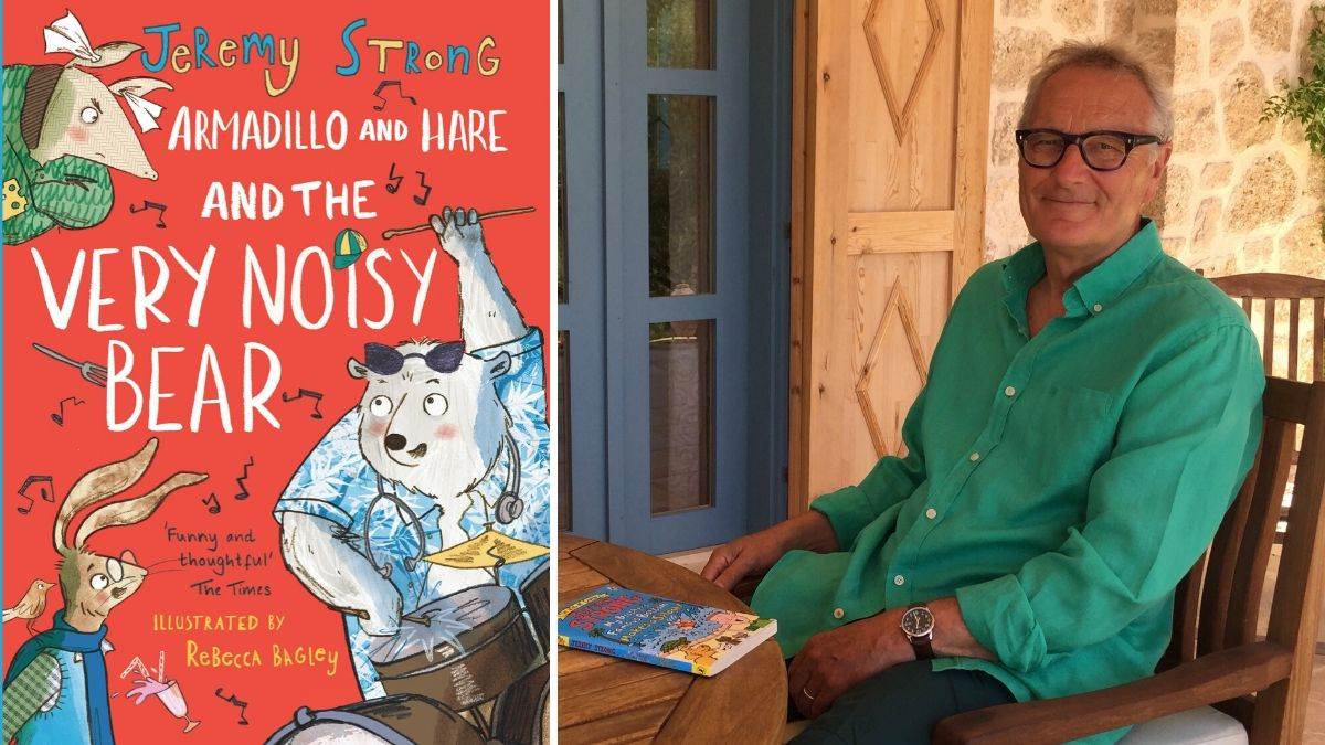 Jeremy Strong and the cover of his book, Armadillo and Hare and the Very Noisy Bear