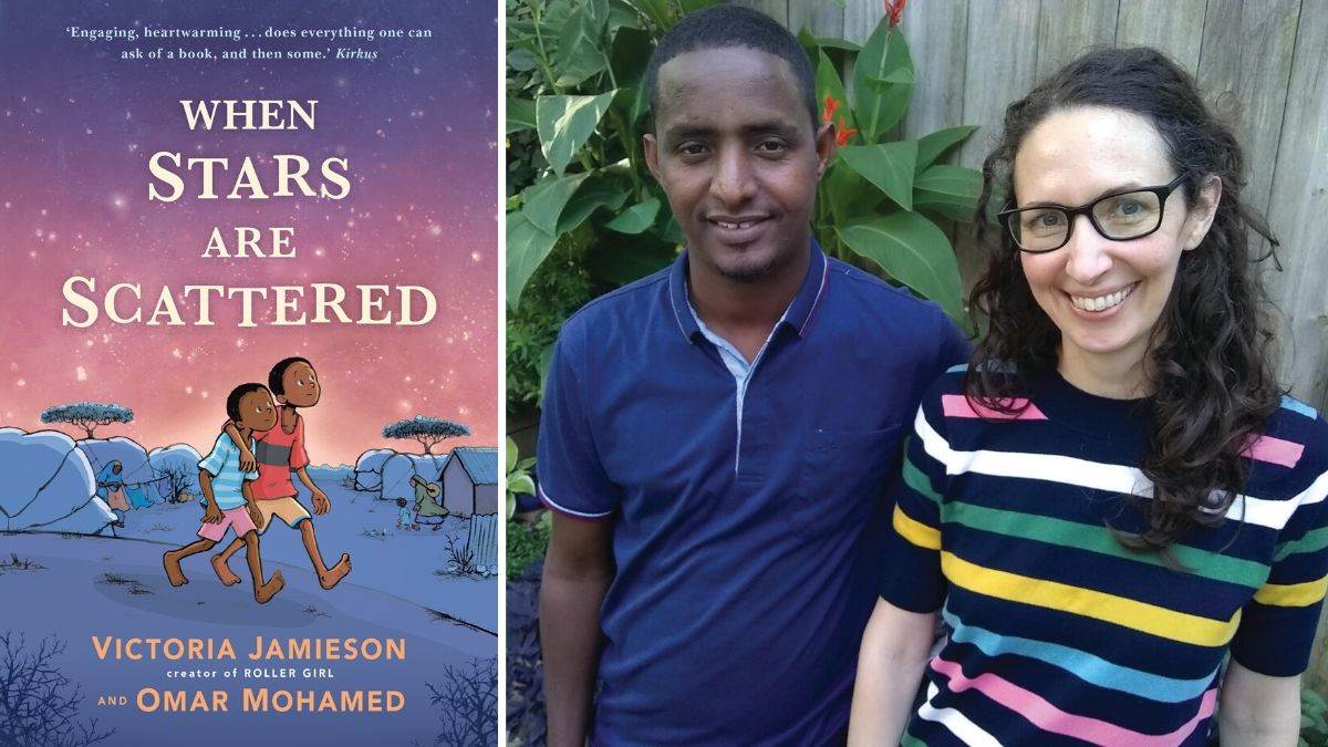 Omar Mohamed and Victoria Jamieson and the cover of When Stars Are Scattered