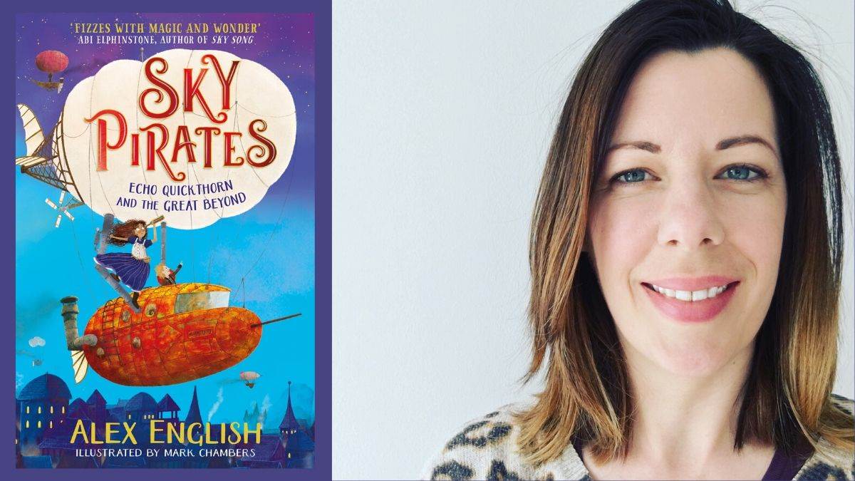 Author Alex English and the cover of Sky Pirates, illustrated by Mark Chambers