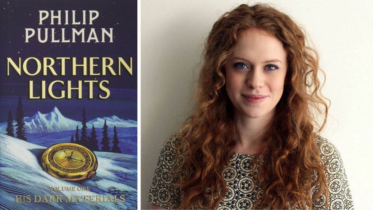 Author Anna James and the cover of Philip Pullman's Northern Lights