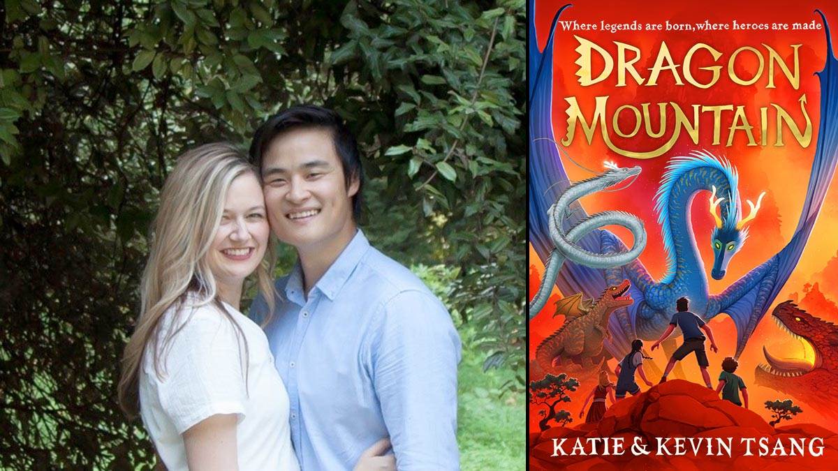 A photograph of Katie and Kevin Tsang and the front cover of their book Dragon Mountain