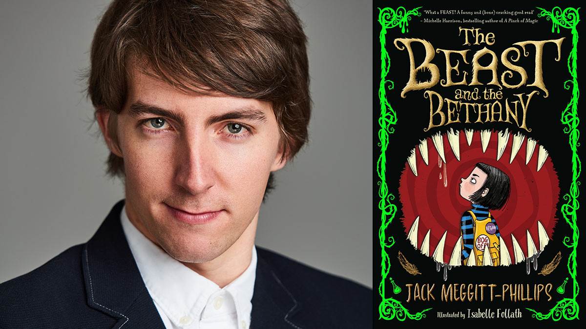 A photograph of Jack Meggitt-Phillips and the front cover of his book The Beast and the Bethany