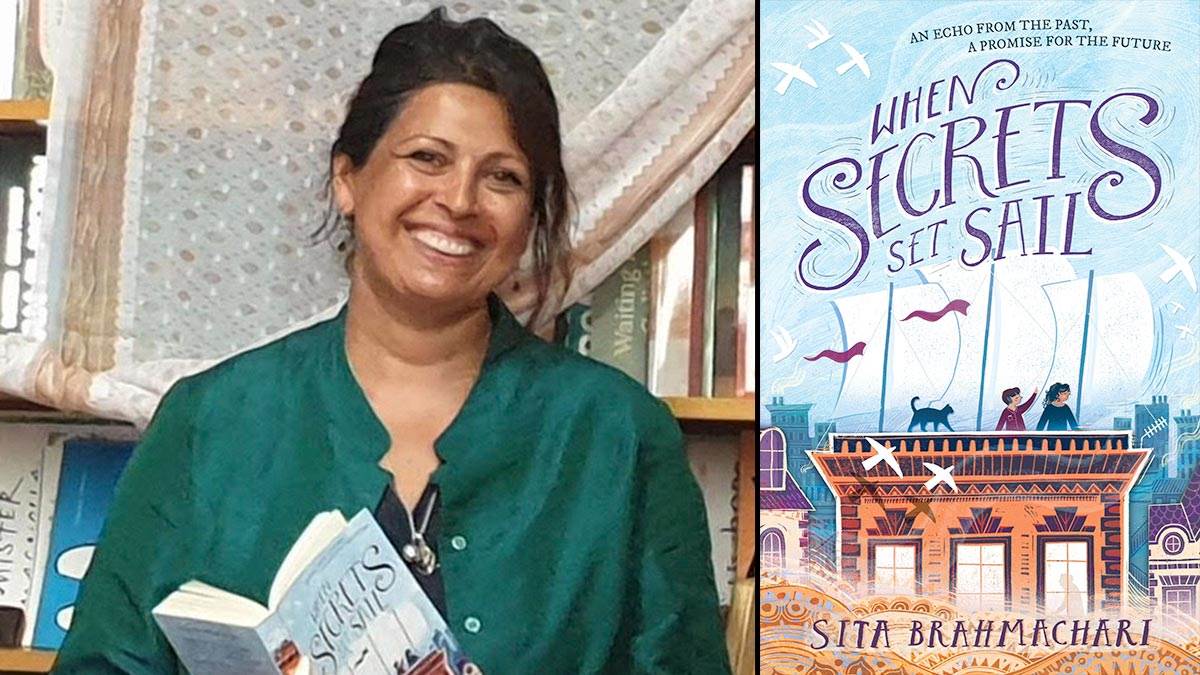 Sita Brahmachari and the front cover of her book When Secrets Set Sail