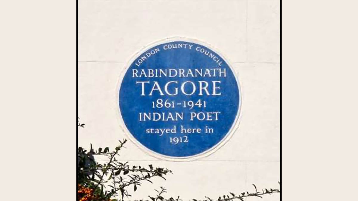 A blue plaque commemorating Rabindranath Tagore