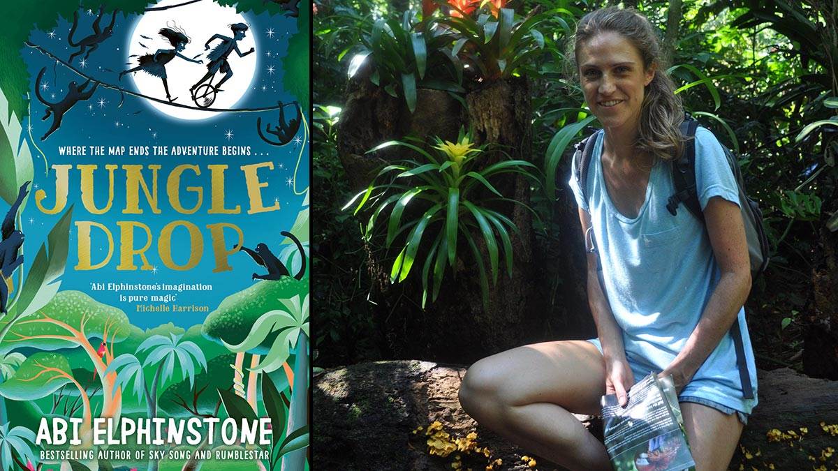 The front cover of Jungle Drop and a photograph of author Abi Elphinstone in the jungle