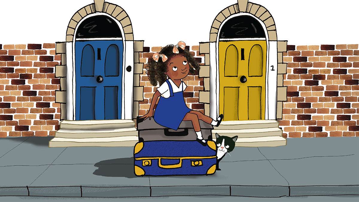 An illustration from Coming to England: A young Floella Benjamin sititng on a suitcase