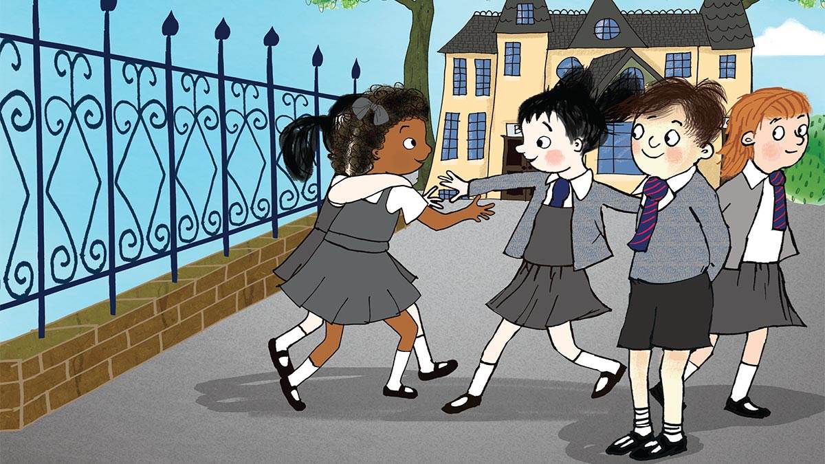 An illustration from Coming to England: A young Floella Benjamin with school friends