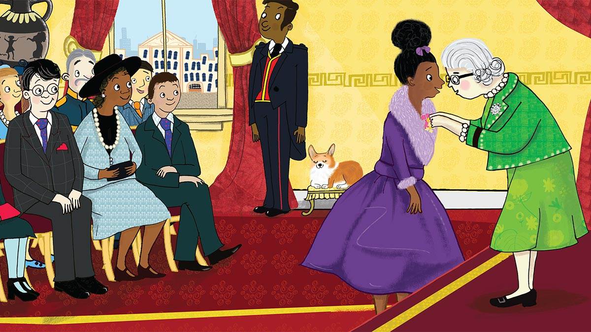 An illustration of Dame Floella Benjamin meeting the Queen