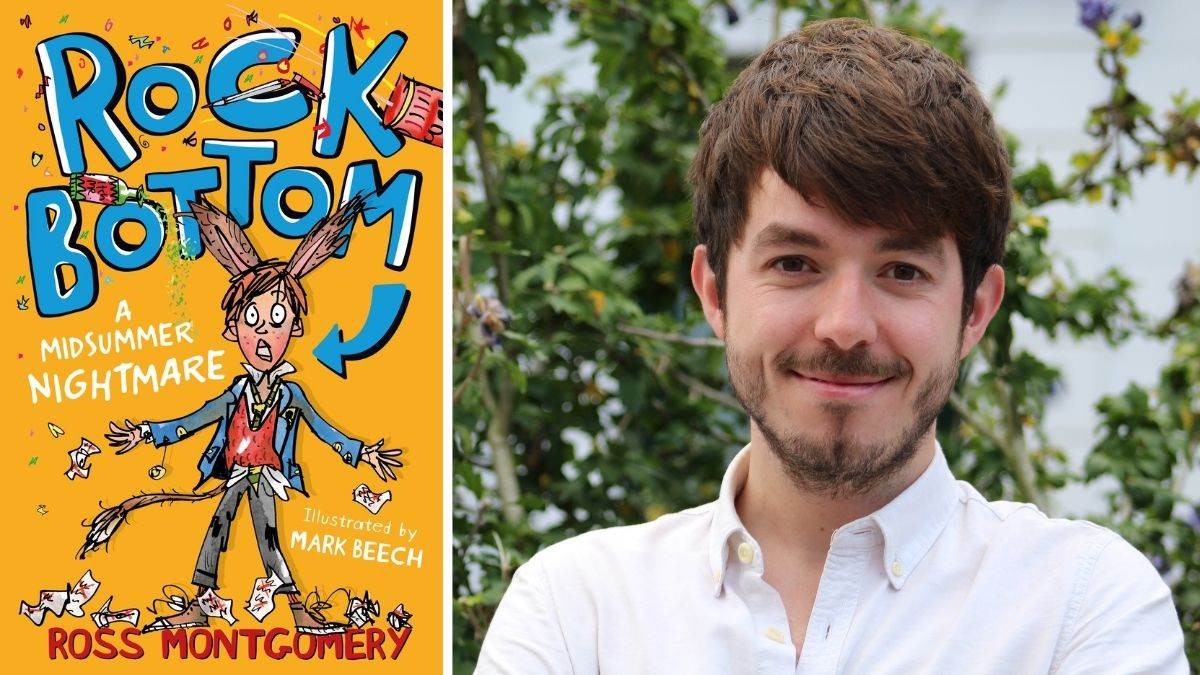 Author Ross Montgomery and the cover of Rock Bottom, illustrated by Mark Beech