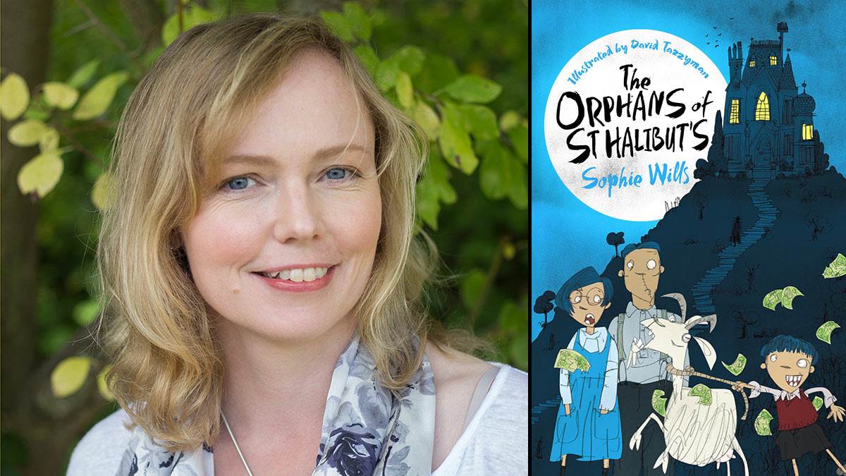 Sophie Wills and the front cover of The Orphans of St Halibut's