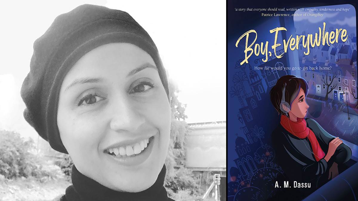 Author A. M. Dassu and the front cover of Boy, Everywhere