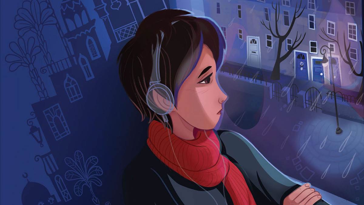 An illustration from the front cover of Boy Everywhere - a child on a bus looking out of the window sadly at a rainy street while wearing headphones