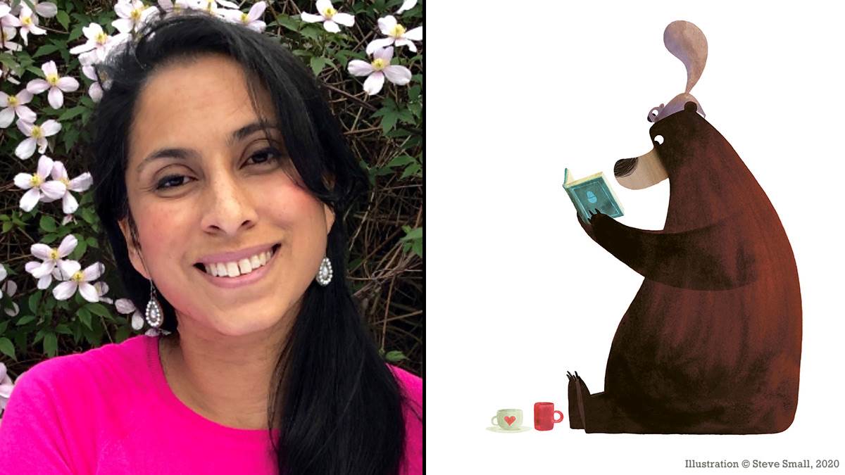 A photograph of Smriti Halls and an illustration of a bear and a squirrel reading together from her book I'm Sticking With You