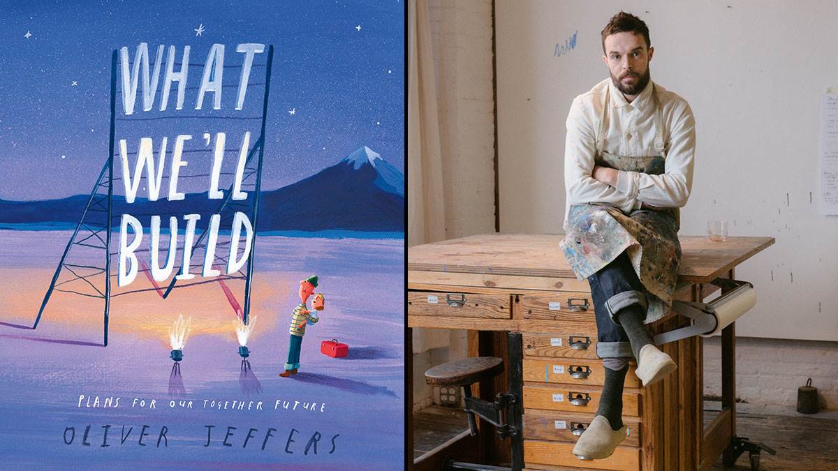 The front cover of What We'll Build and a photograph of author Oliver Jeffers