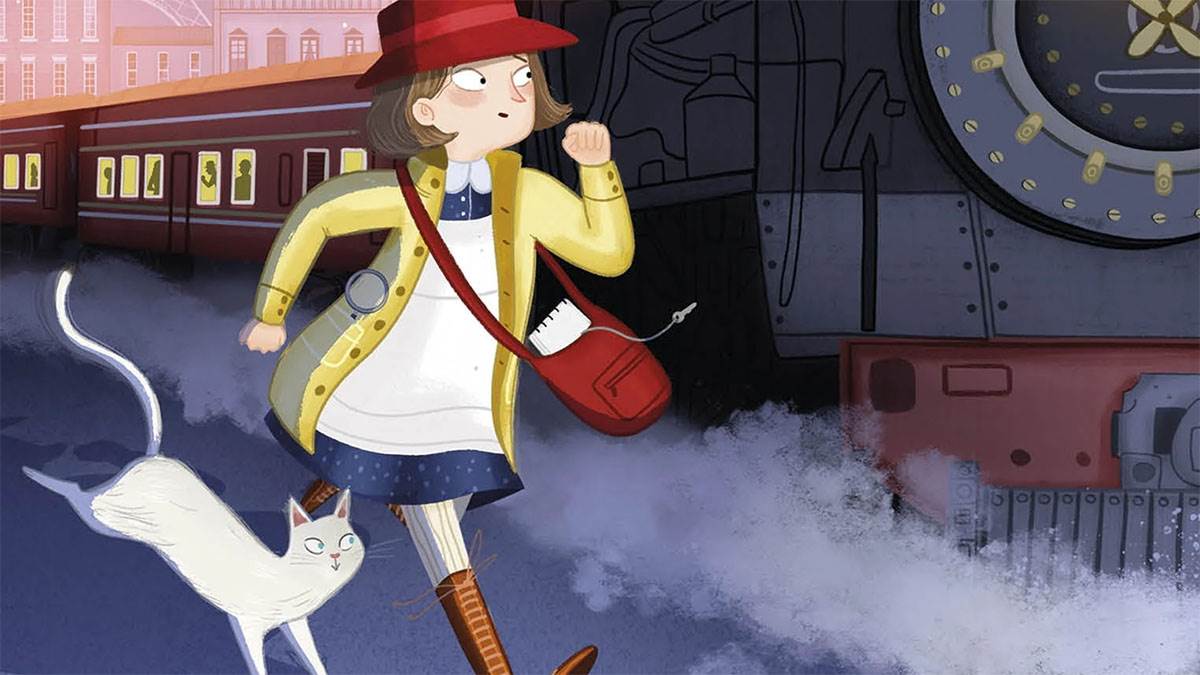 An illustration from the front cover of Alice Eclair Spy Extraordinaire - a young girl and a cat running alongside a steam train on a station platform