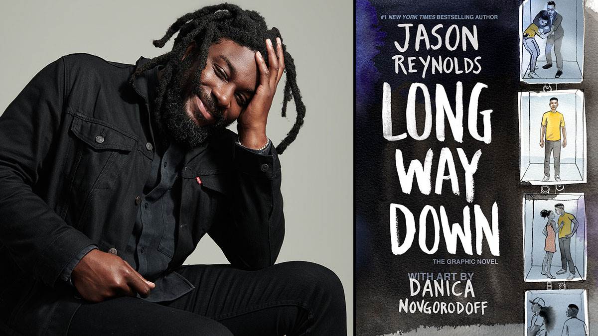 Jason Reynolds and the front cover of the Long Way Down graphic novel