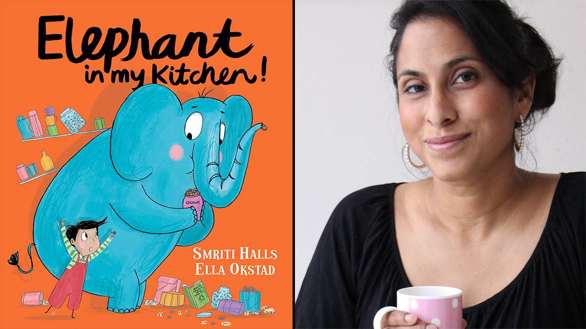 The front cover of Elephant In My Kitchen and a photo of Smriti Halls