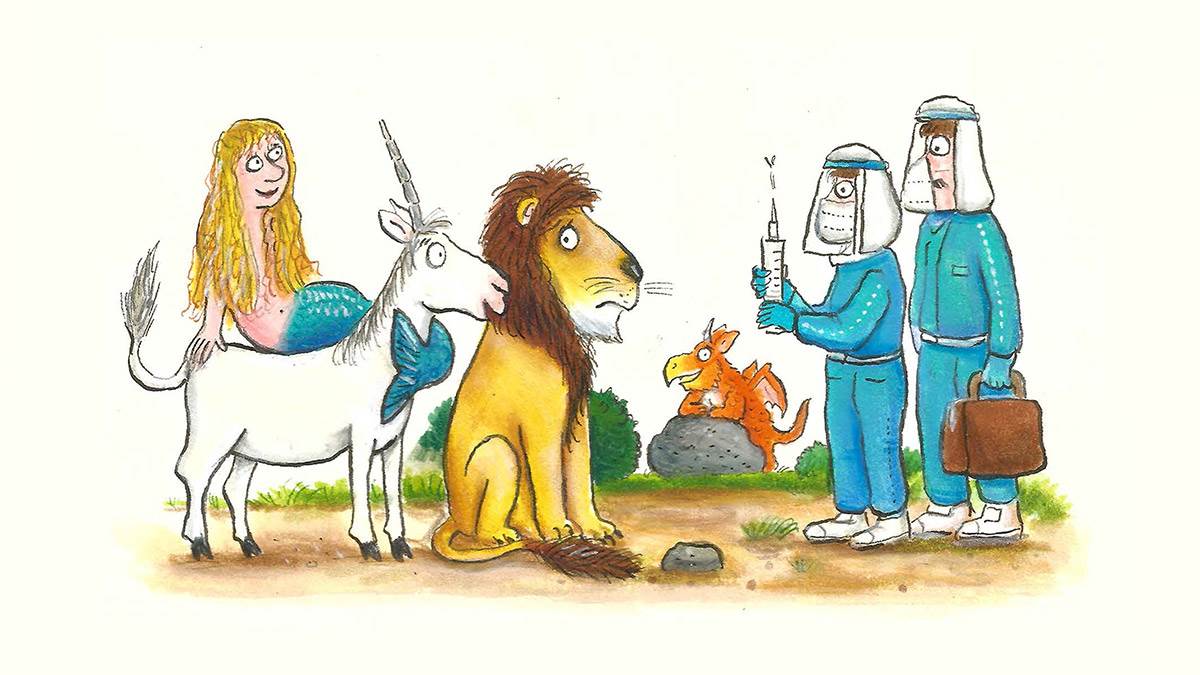 The Flying Doctors giving vaccines to a unicorn, lion and mermaid