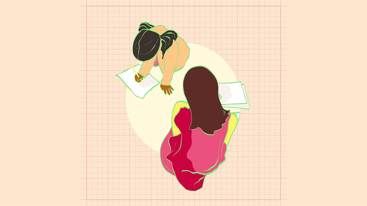 An illustration of two girls drawing