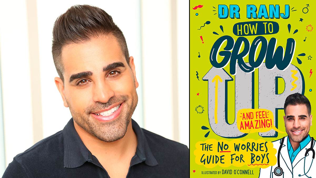 Dr Ranj and the front cover of his book How to Grow Up