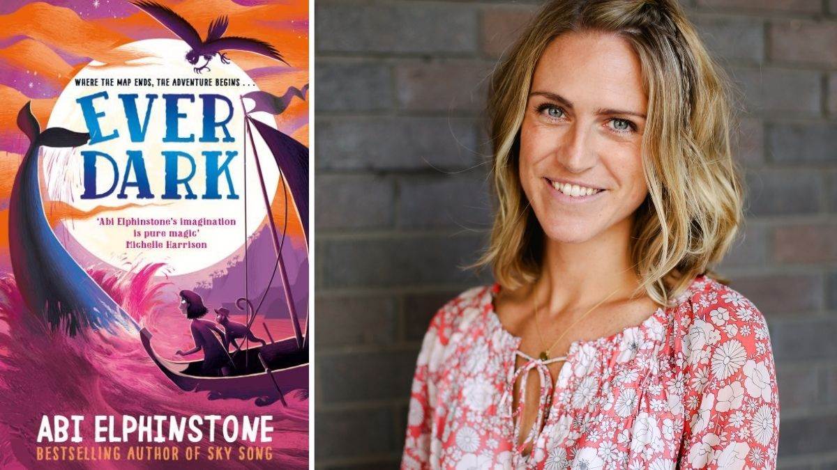 Author Abi Elphinstone and the cover of Everdark