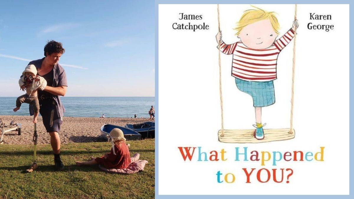 Author James Catchpole with his children and the cover of What Happened To You?