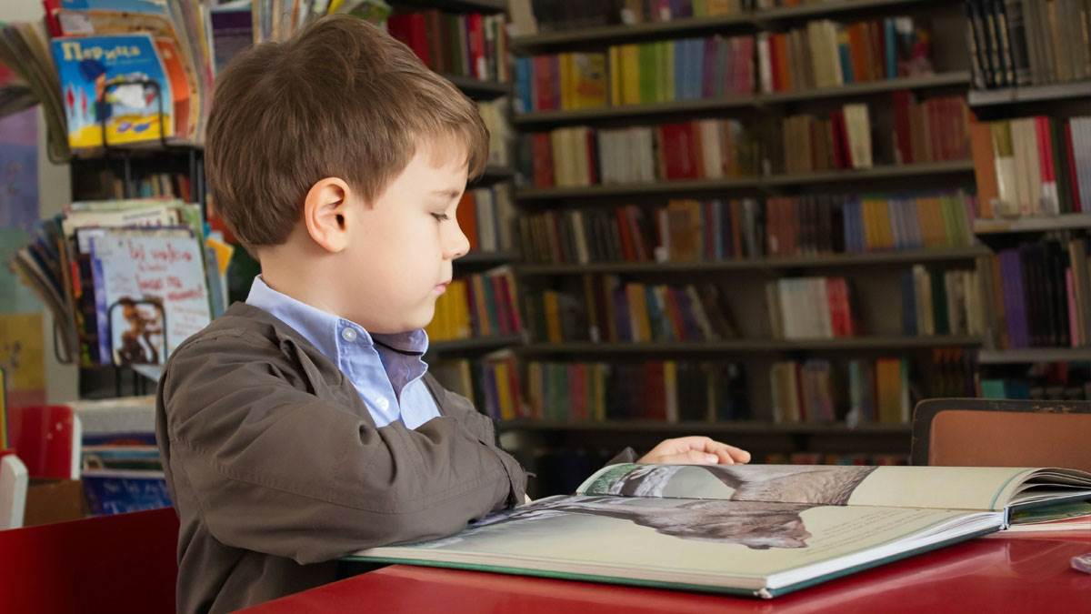 A boy reading in a school library