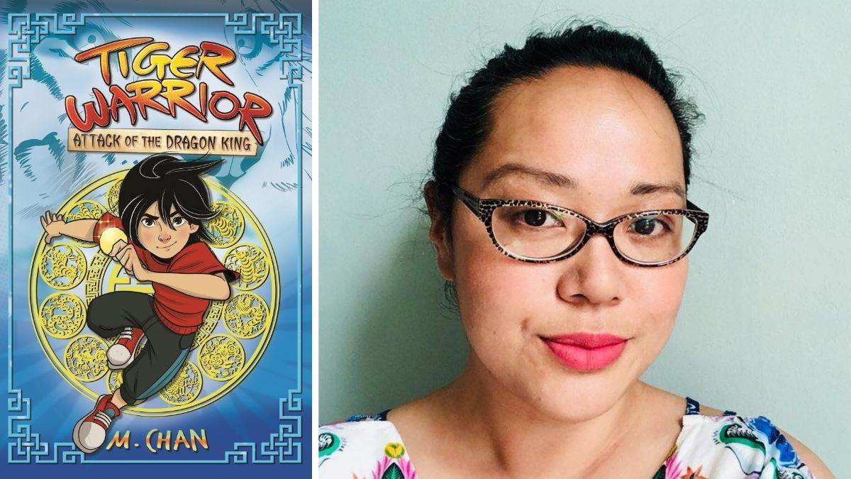 Author Maisie Chan and the cover of Tiger Warrior: Attack of the Dragon King
