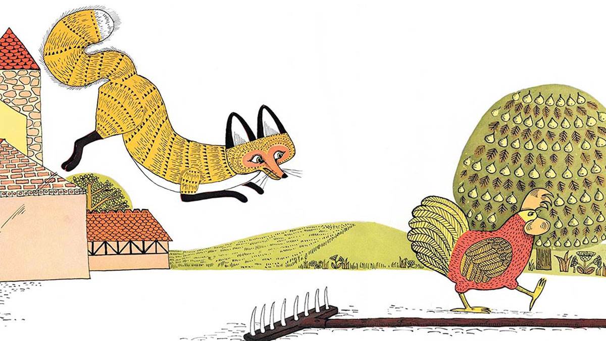 An illustration from Rosie's Walk - a fox pouncing on a chicken