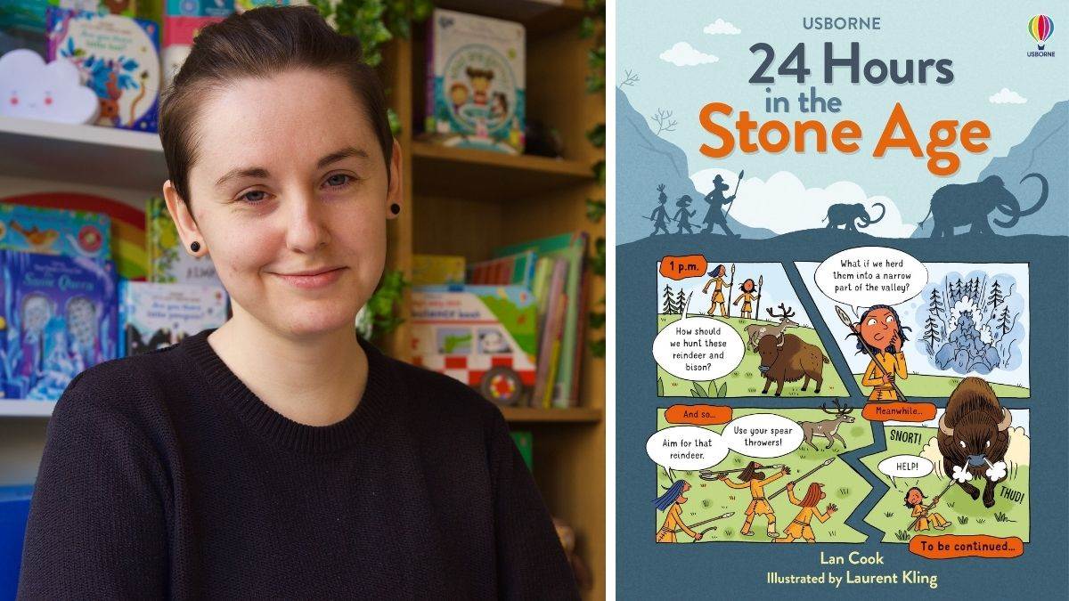 Author Lan Cook and the cover of 24 Hours In The Stone Age
