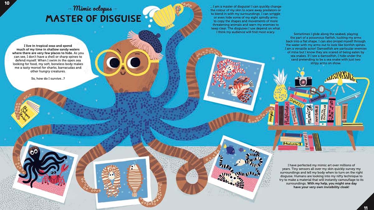 A spread about mimic octopuses from Invented by Animals