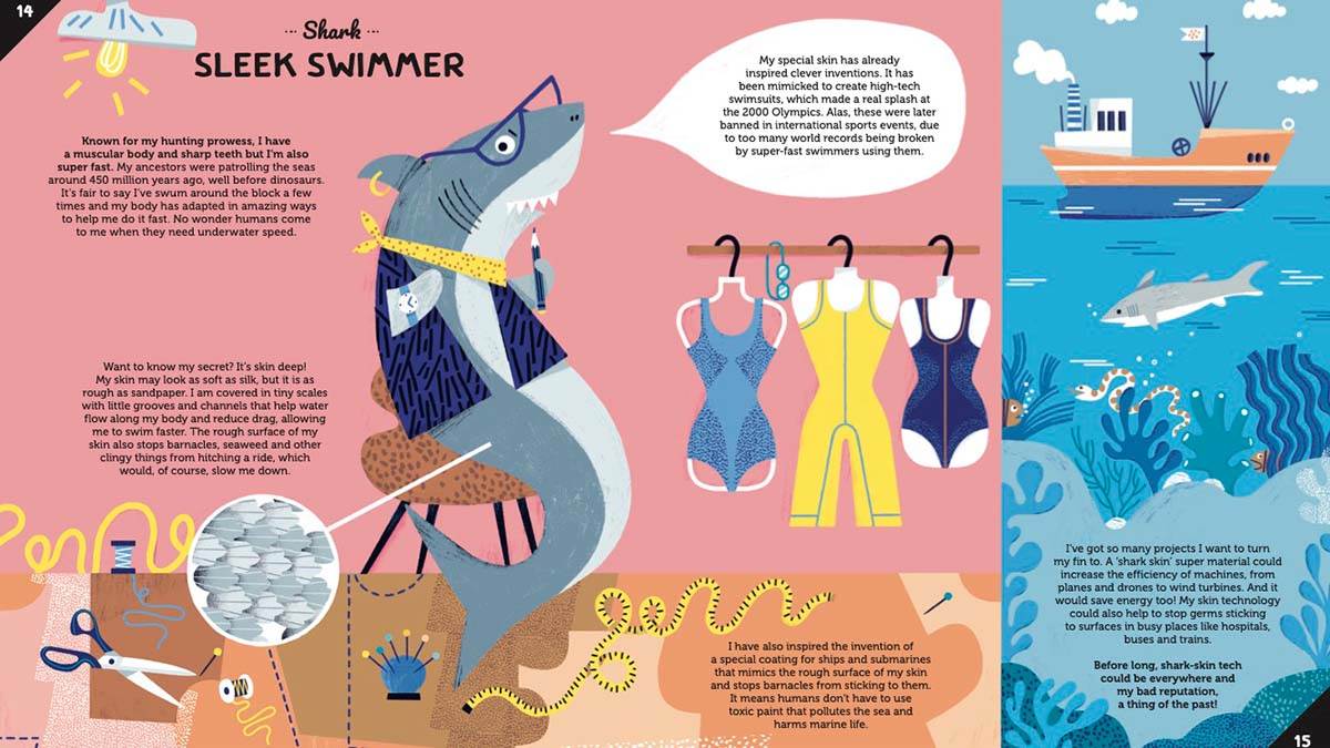 A spread about sharks from Invented by Animals