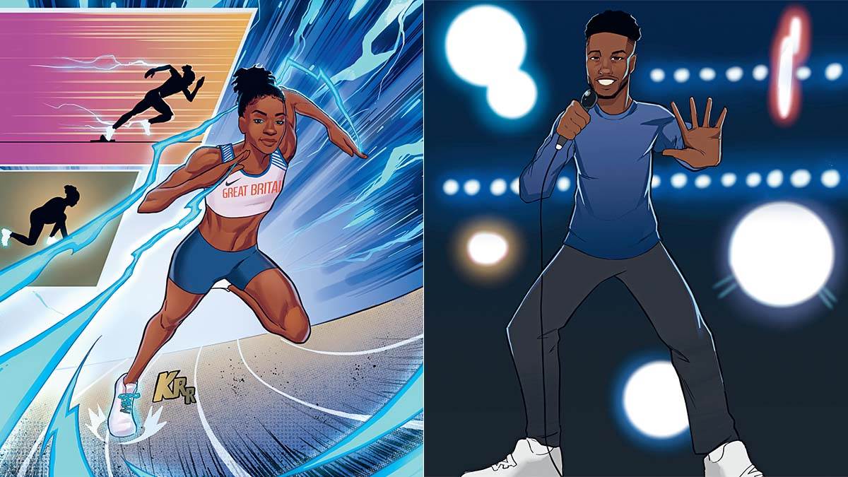 Illustrations of Dina Asher-Smith and Mo Gilligan from Superheroes
