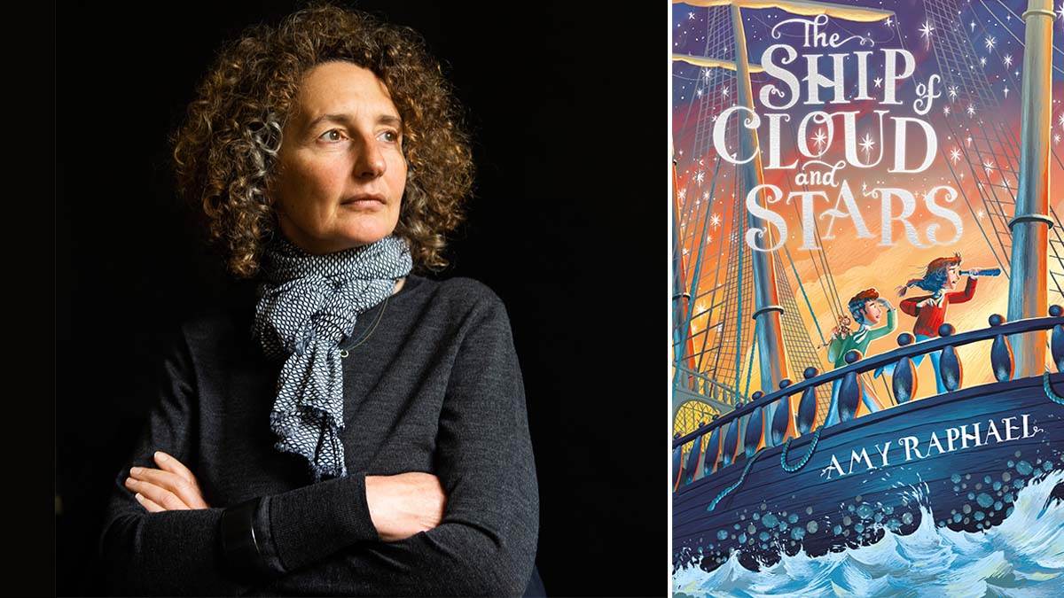 Amy Raphael and the front cover of The Ship of Cloud and Stars