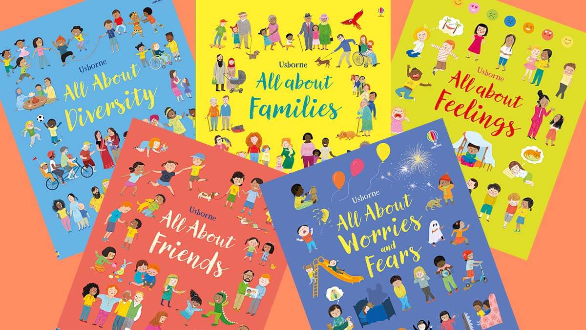 The front covers of All About Diversity, All About Families, All About Feelings, All About Friends and All About Worries and Fears