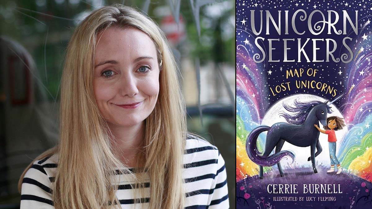 A photo of Cerrie Burnell and the front cover of Unicorn Seekers: Map of Lost Unicorns