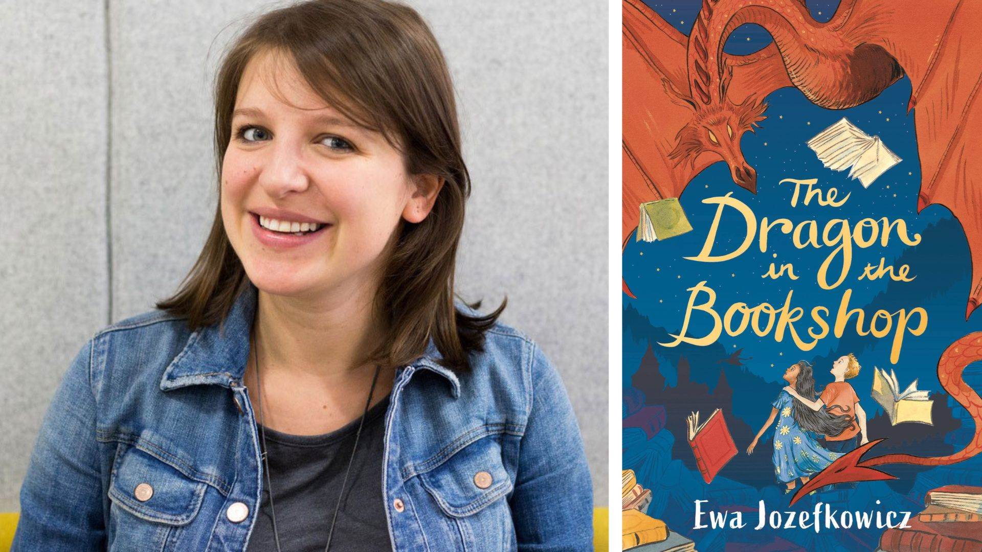Author Ewa Jozefkowicz and the cover of The Dragon in the Bookshop
