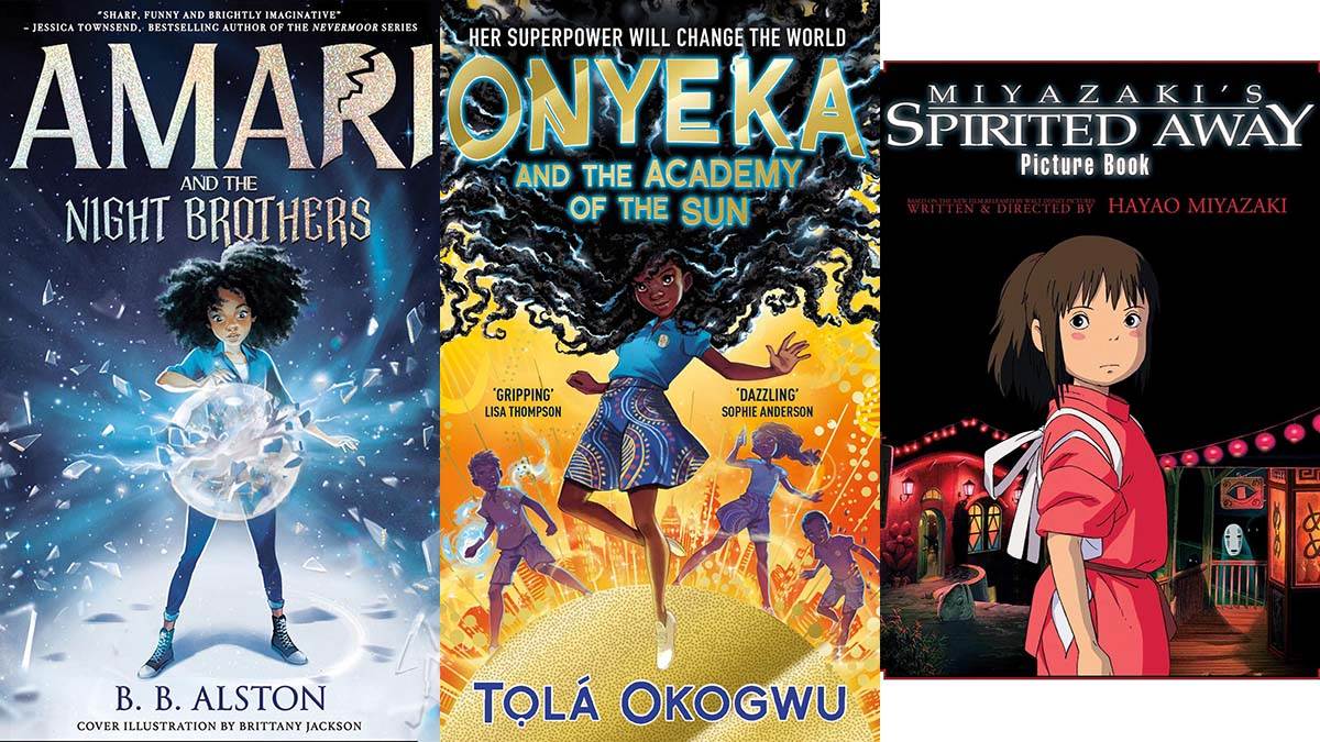 The front covers of Amari and the Night Brothers, Onyeka and the Academy of the Sun and Spirited Away: The Picture Book Special