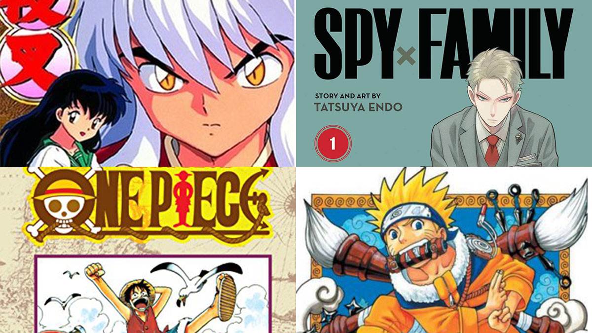 The front covers of Inuyasha, Spy x Family, One Piece and Naruto