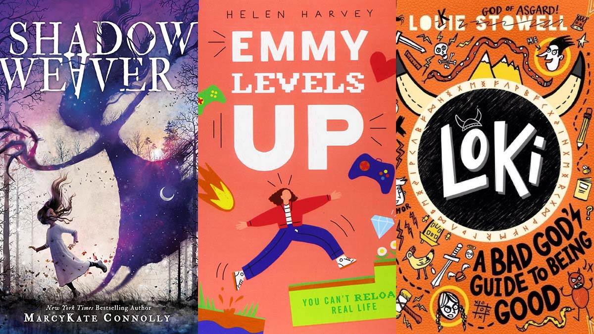 The front covers of Shadow Weaver, Emmy Levels Up and Loki: A Bad God's Guide to Being Good