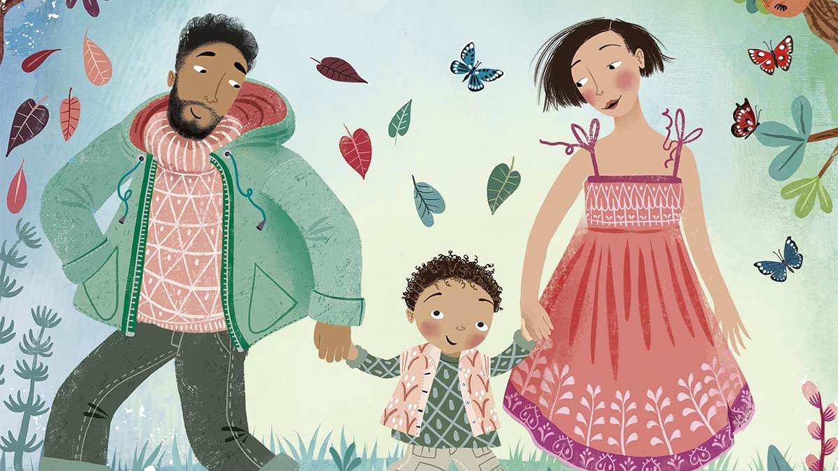 An illustration from the front cover of Everything Changes - a child holding hands with both his parents; his father is in a wintry scene and clothes and his mother in a summery scene and clothes