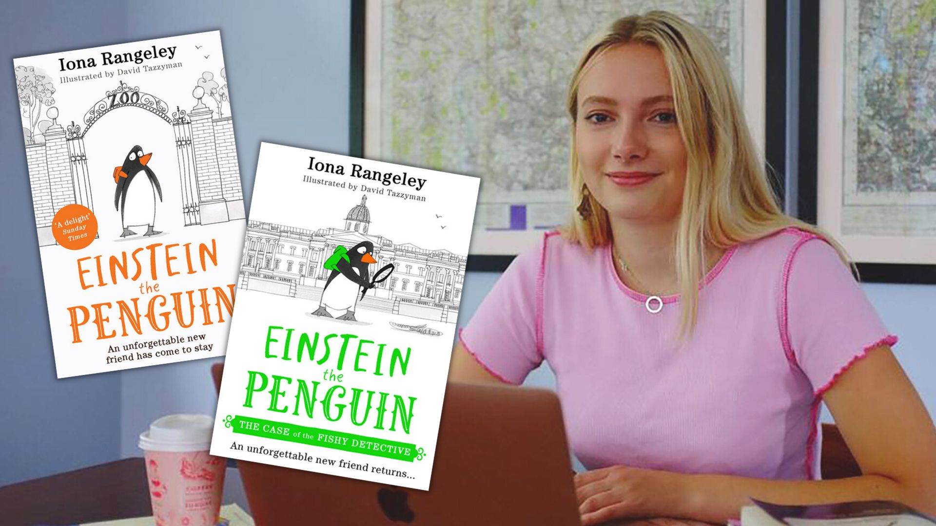 Author Iona Rangeley and the covers of two Einstein the Penguin books