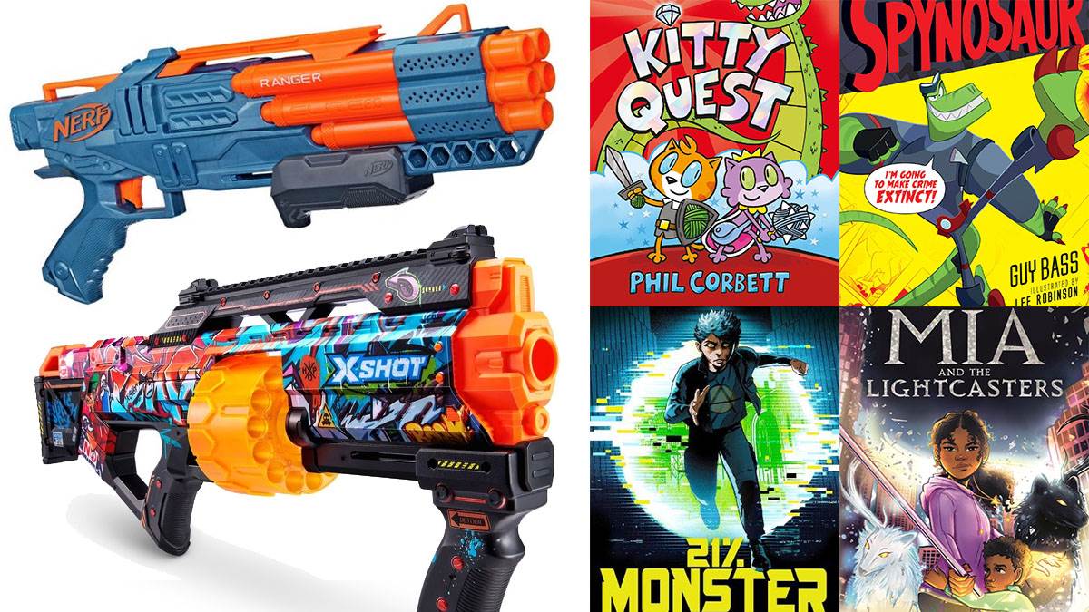The NERF Elite 2.0 Ranger PD-5 Blaster and XShot - Skins the Last Stand plus the front covers of Kitty Quest, Spynosaur, 23% Monster and Mia and the Lightcasters