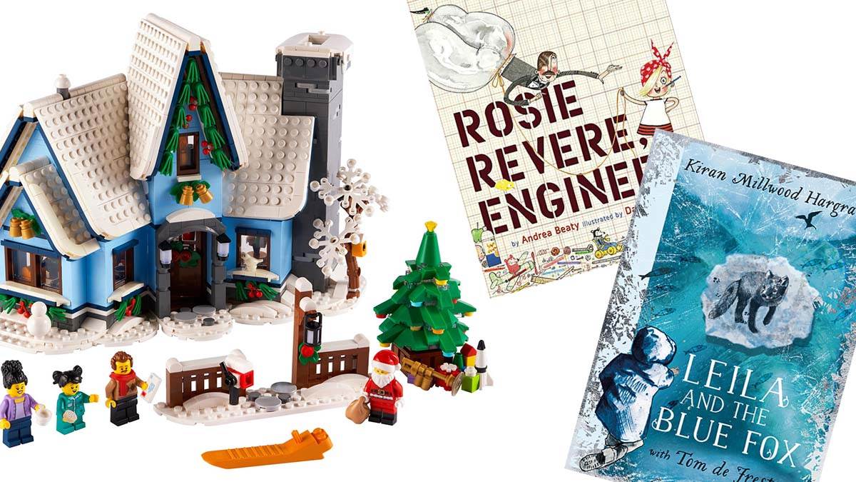 LEGO Creator Expert 10293 Santa’s Visit and the front covers of Rosie Revere Engineer and Leila and the Blue Fox
