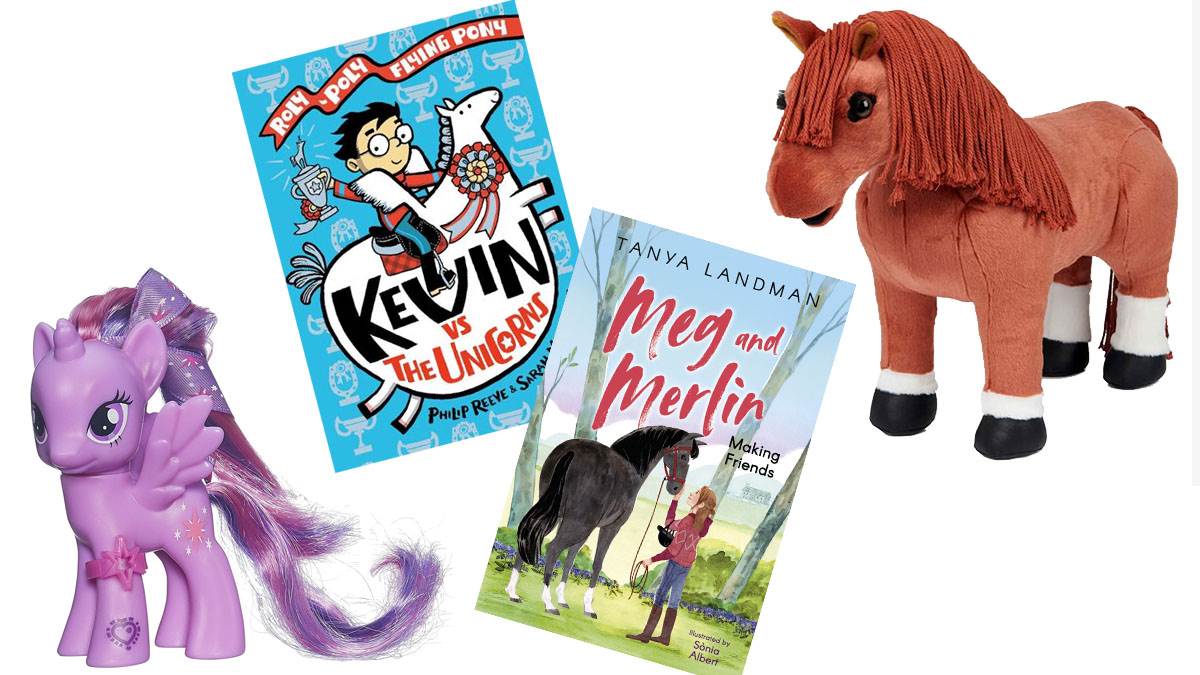 Photos of Le Mieux Pony and Princess Twilight Sparkle plus the front covers of Kevin vs the Unicorns and Meg and Merlin