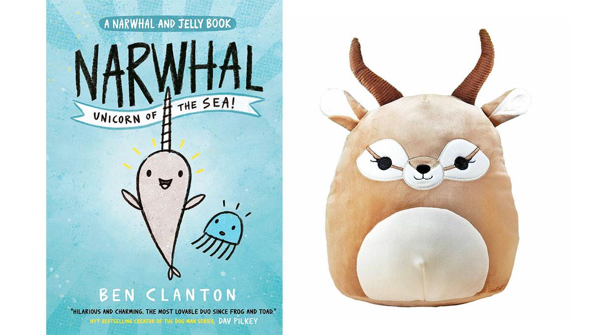 The front cover of Narwhal: Unicorn of the Sea and a Squishmallows plush