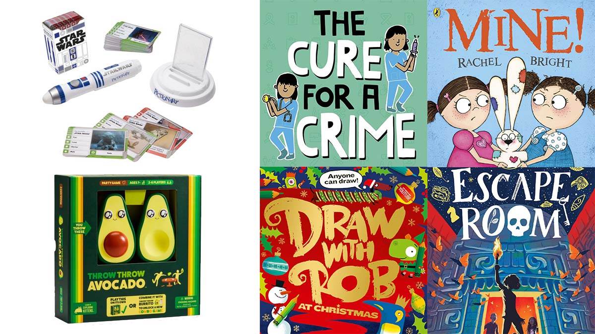 Pictionary Air Star Wars Family Drawing Game , Throw Throw Avocado and the front covers of Double Detectives, Mine, Draw with Rob at Christmas and Escape Room